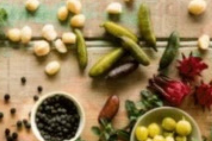 A selection of bush tucker ingredients on a wooden bench